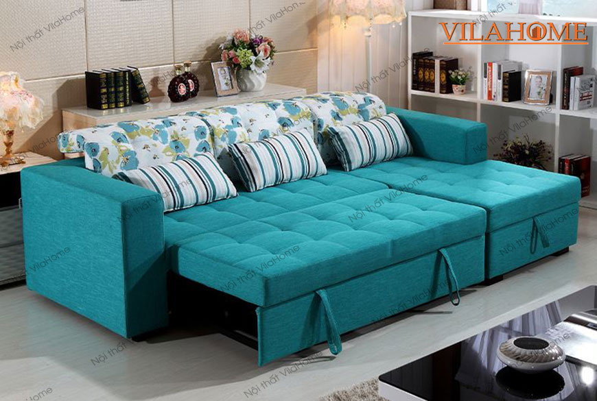 Sofa giường đa năng bọc vải nỉ xanh ngọc nhẹ nhàng, dịu mắt