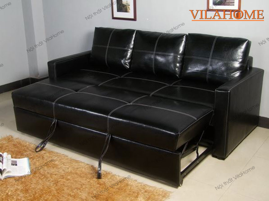 Sofa giường đen tuyền bọc da dễ vệ sinh