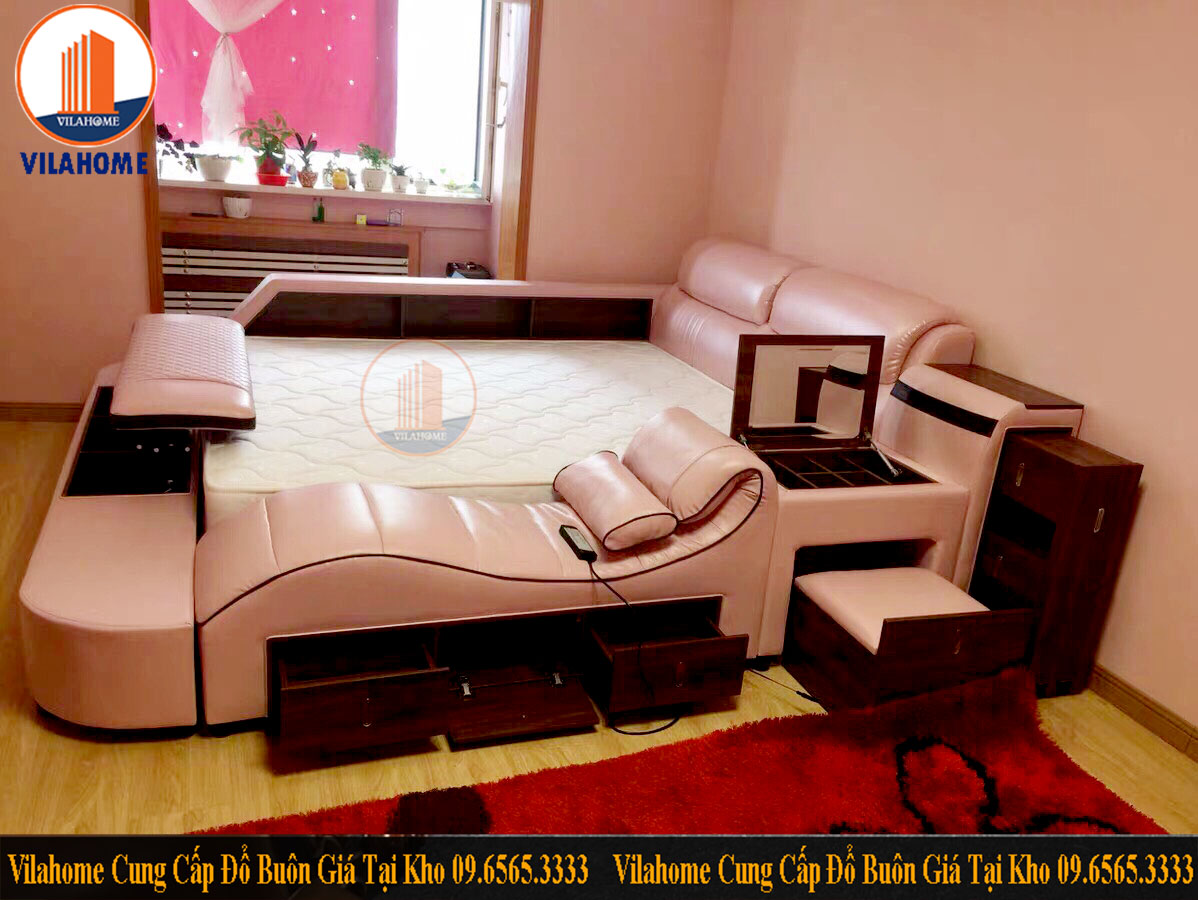 Giường ngủ bọc da màu hồng có chức năng ghế massage hàng cao cấp nhập khẩu 