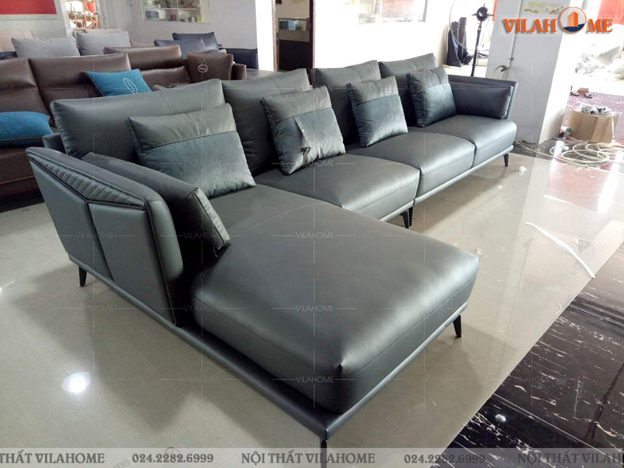 Sofa da góc chữ L màu xám cho phòng khách VilaHome