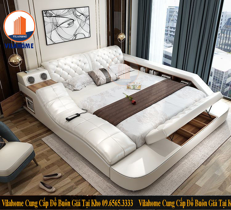 giường ngủ hiện đại  có ghế Massage màu sáng bọc da nhập khẩu Hà Nội