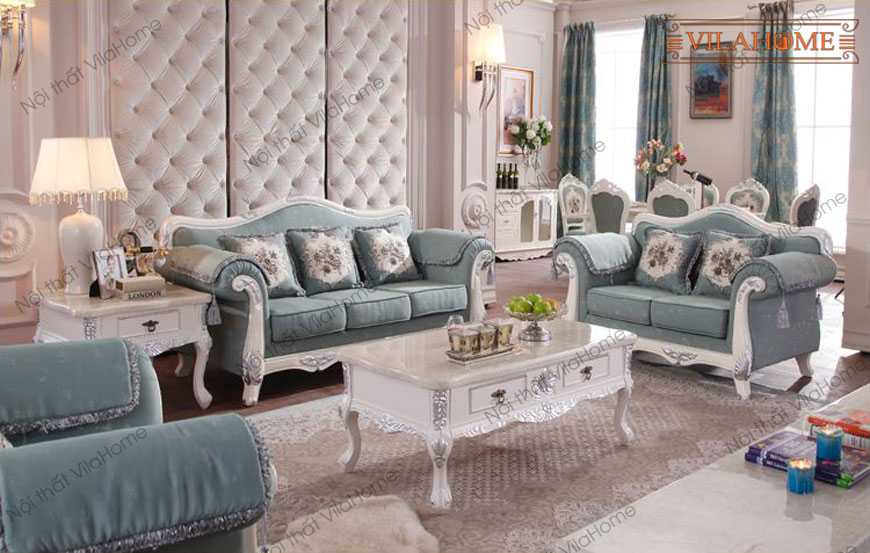 Bộ sofa thiết kế tân cổ điển khung trắng bọc đệm nỉ xanh lơ