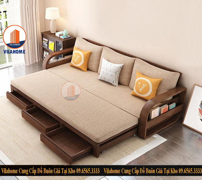 Bộ Sofa giường gỗ tự nhiên dán bọc vải nỉ màu kem, sáng