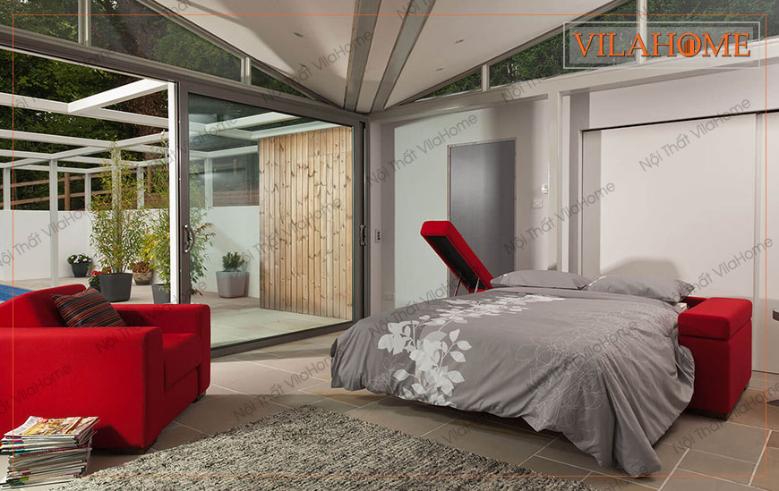 Sofa giường nhập khẩu 9907 màu cam màu đỏrực rỡ thiết kế hiện đại