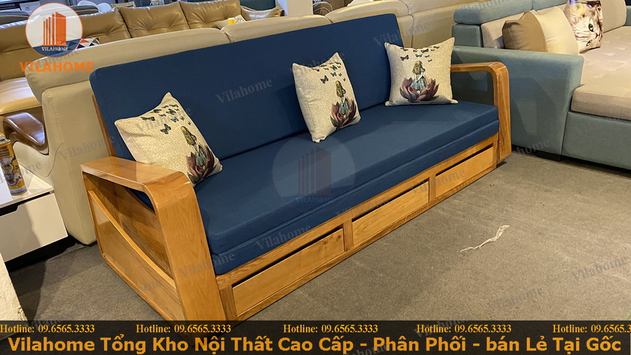 ghế sofa kết hợp giường màu xanh dương gỗ