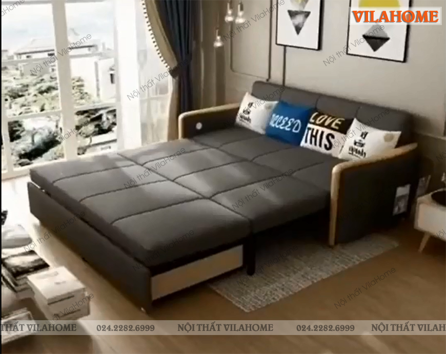 Sofa giường dạng văng (chữ I) màu ghi xám khi kéo ra thành giường