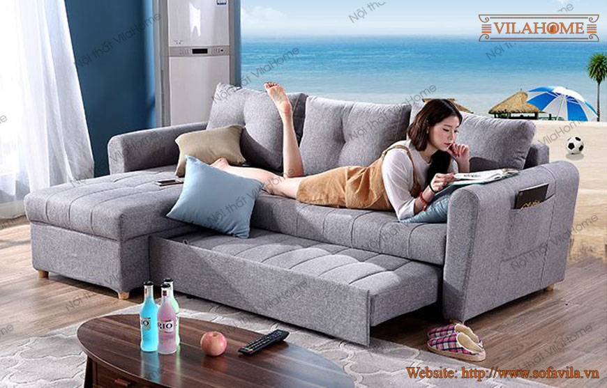 Sofa giường góc chữ L bọc vải nỉ màu xám