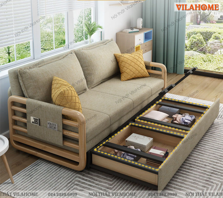 sofa giường gỗ sồi nhập khẩu chất lượng cao, Kiểu dáng sang trọng thời thượng
