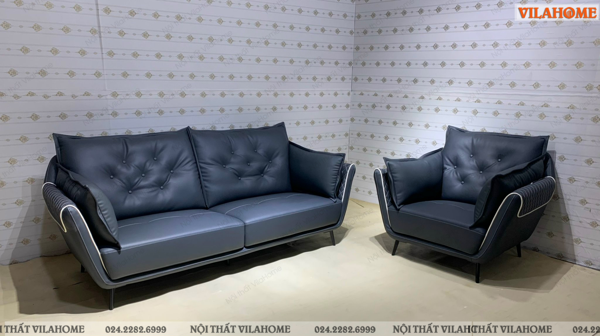 Bộ ghế sofa cao cấp cho phòng khách màu xanh đen cho khách hàng 