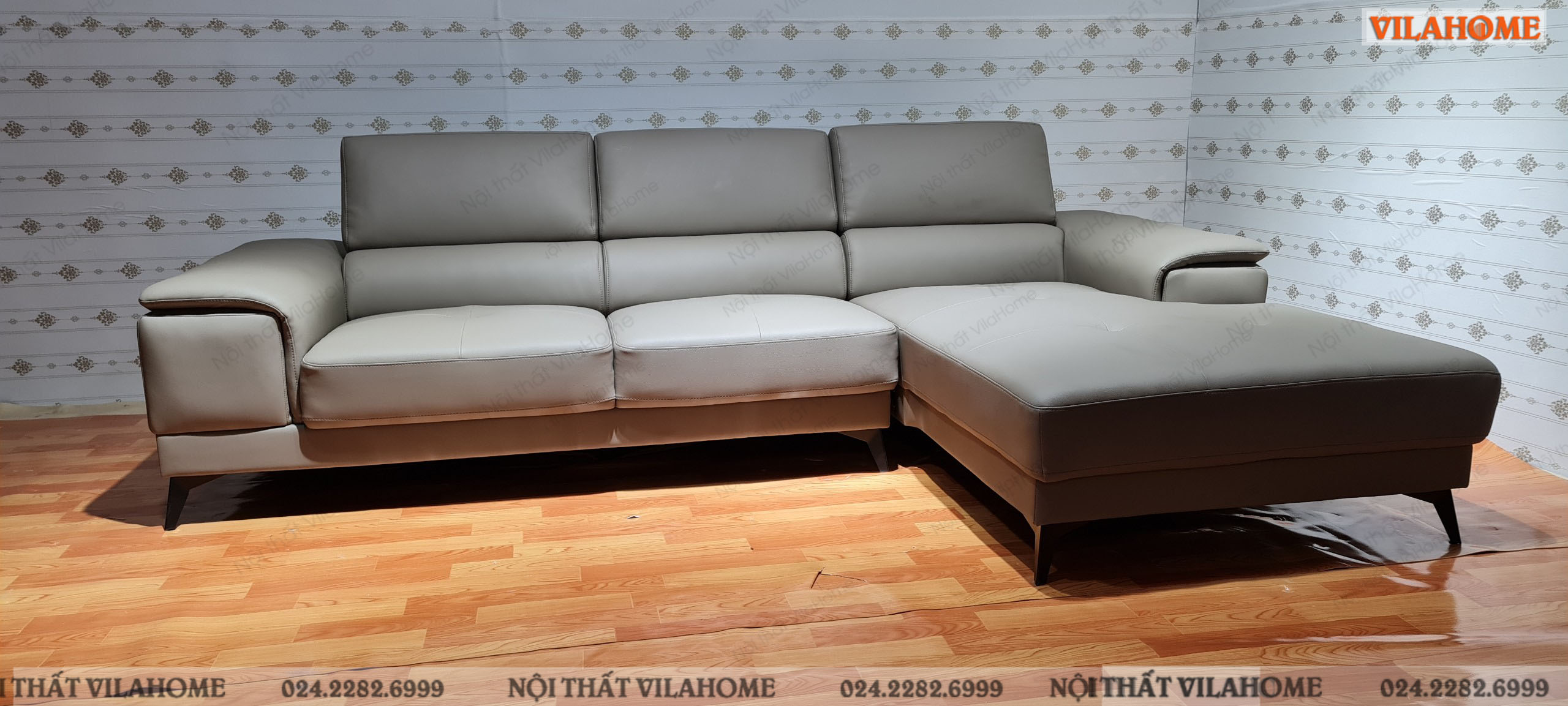 Sofa Đống Đa thiết kế góc da màu xám cho phòng khách gia đình, sofa hiện đại cho phòng khách bàn giao