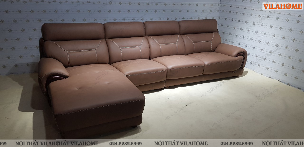Sofa da màu nâu phòng khách, sofa thiết kế góc chữ L thông minh, hiện đại