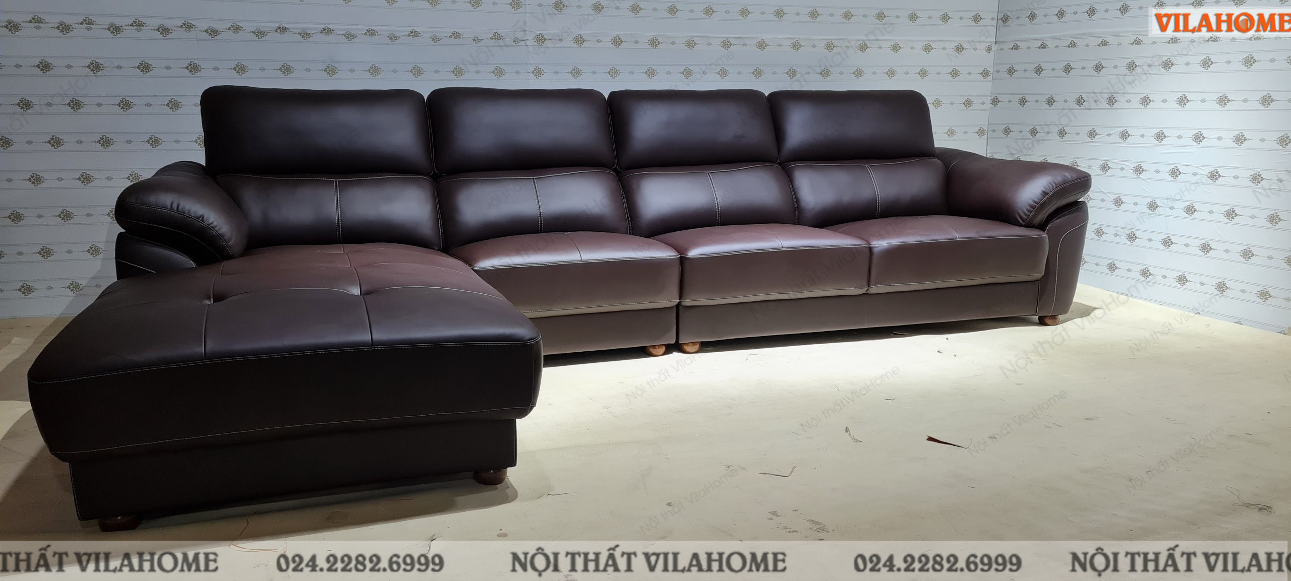 sofa da phòng khách hình chữ L cho khách hàng La Khê