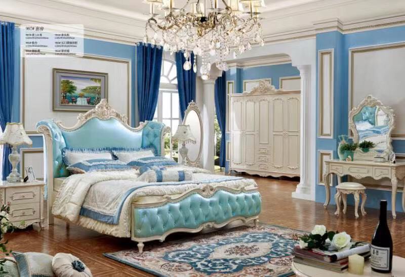 giường tân cổ điển bọc da màu xanh