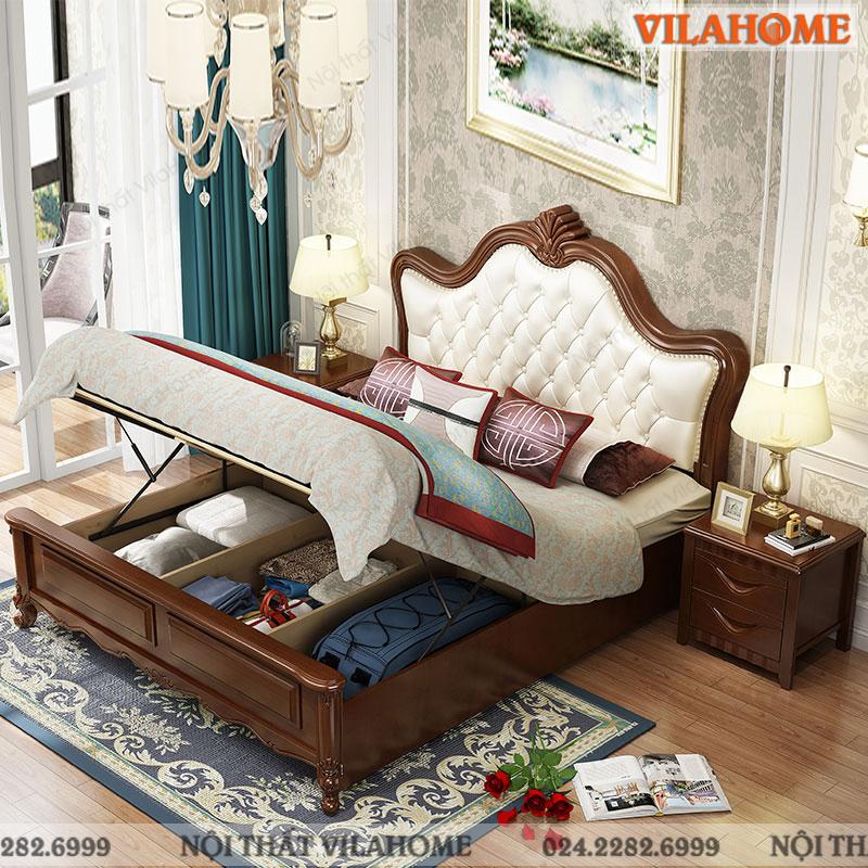 Giường ngủ gỗ tân cổ điển màu nâu trầm tối giản