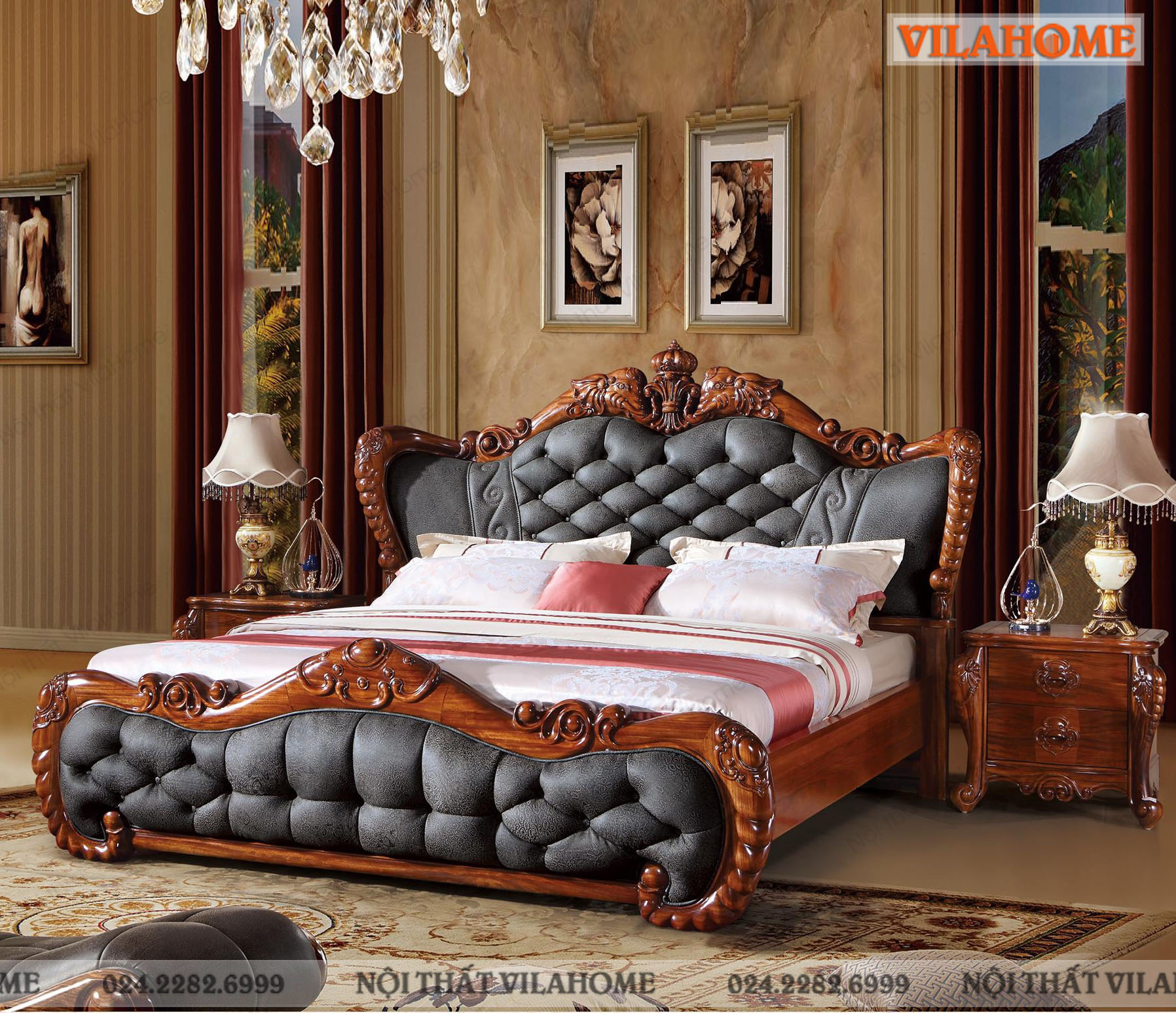 giường tân cổ điển gỗ tự nhiên