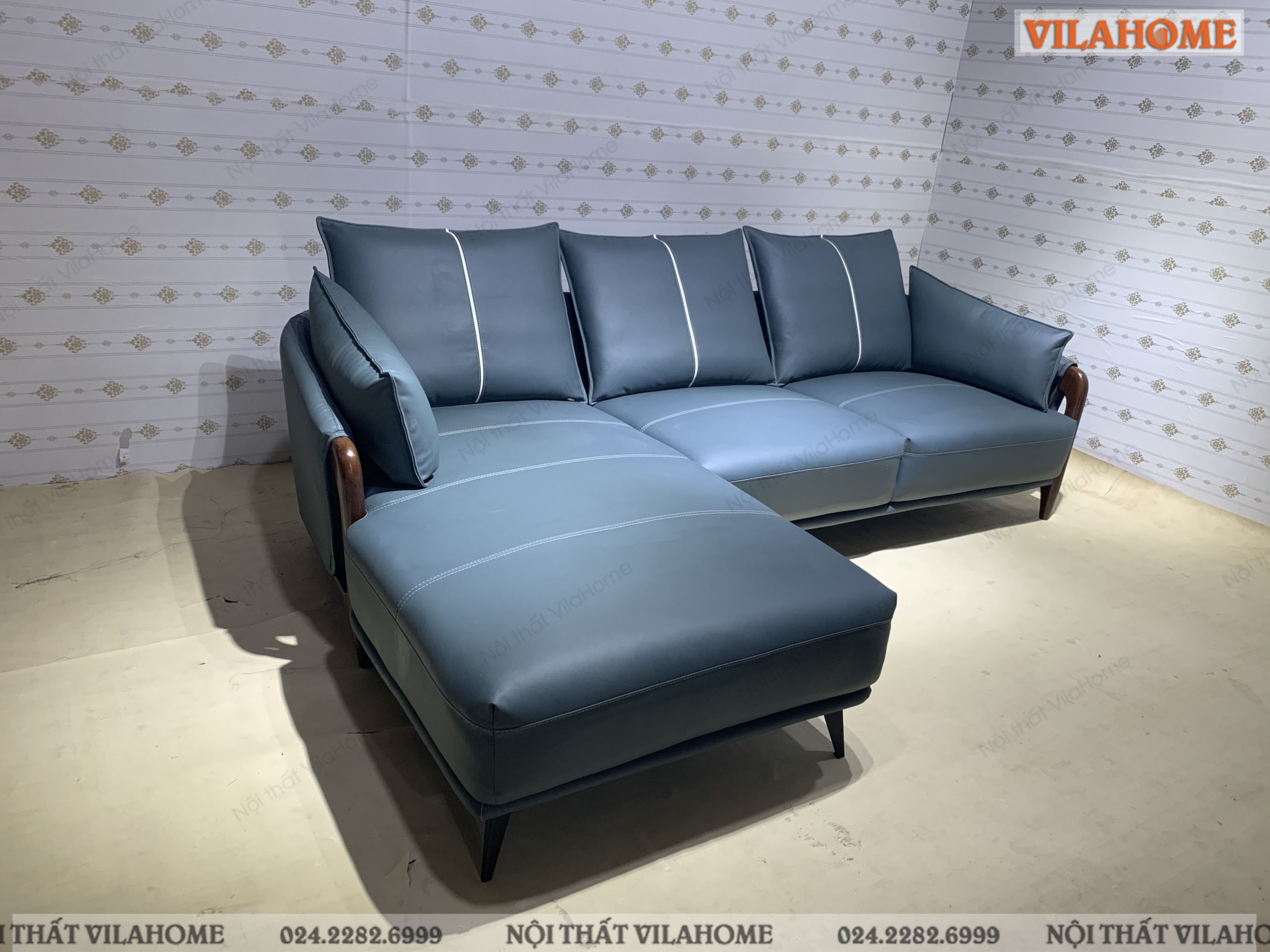 Sofa da góc màu xanh cho khách hàng sofa phường Quán Thánh