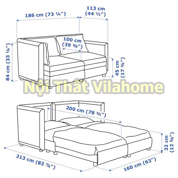 kích thước sofa giường khi ở 2 trạng thái