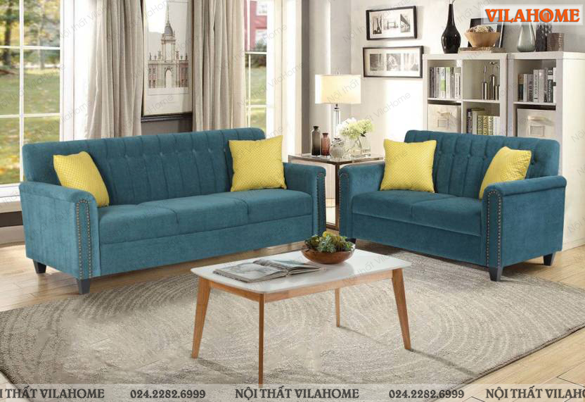 Sofa xanh kết hợp với tông vàng