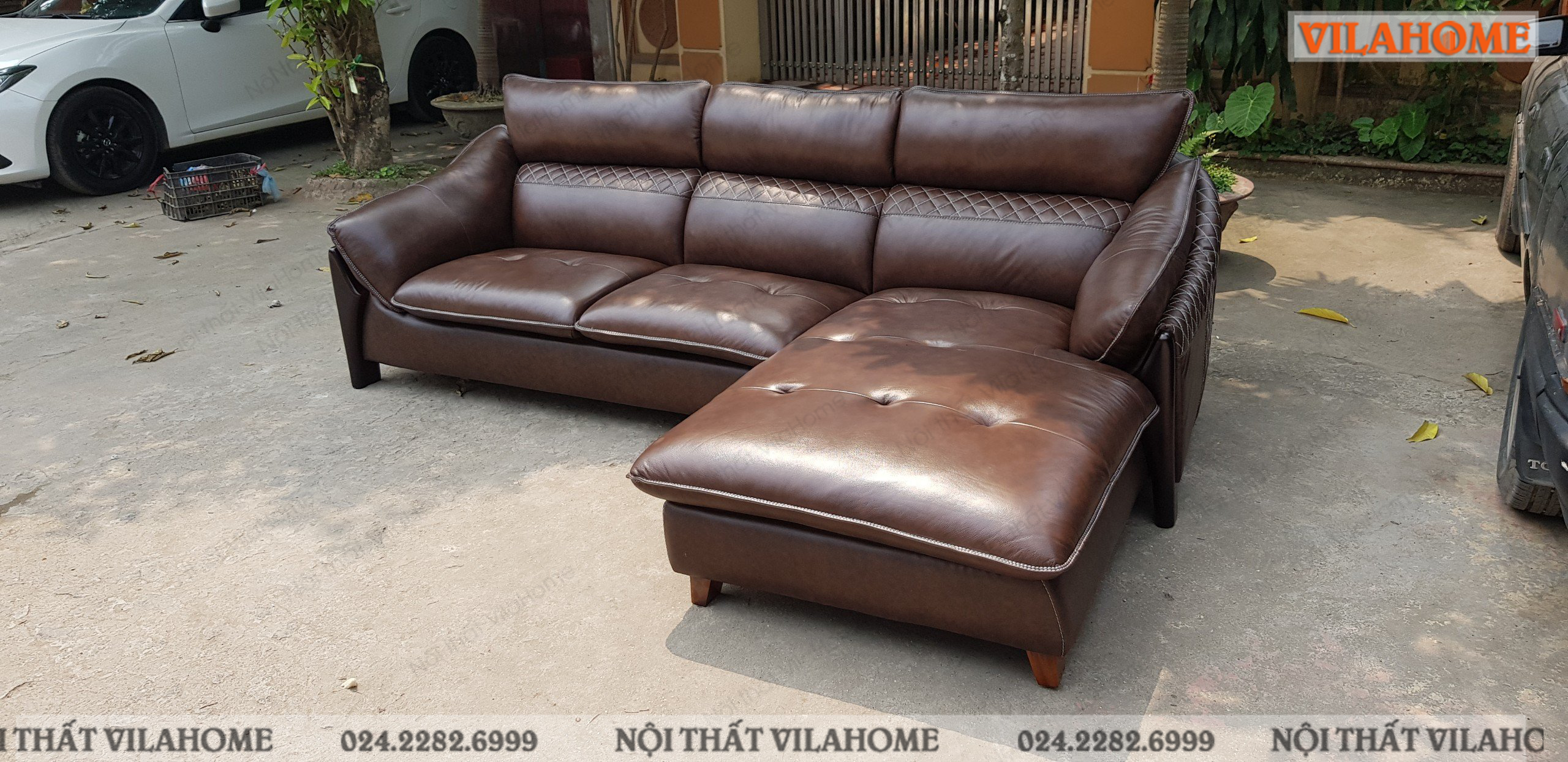 Sofa góc da màu nâu chuẩn bị đi bàn giao cho khách hàng cũng ở TP Bắc Ninh.