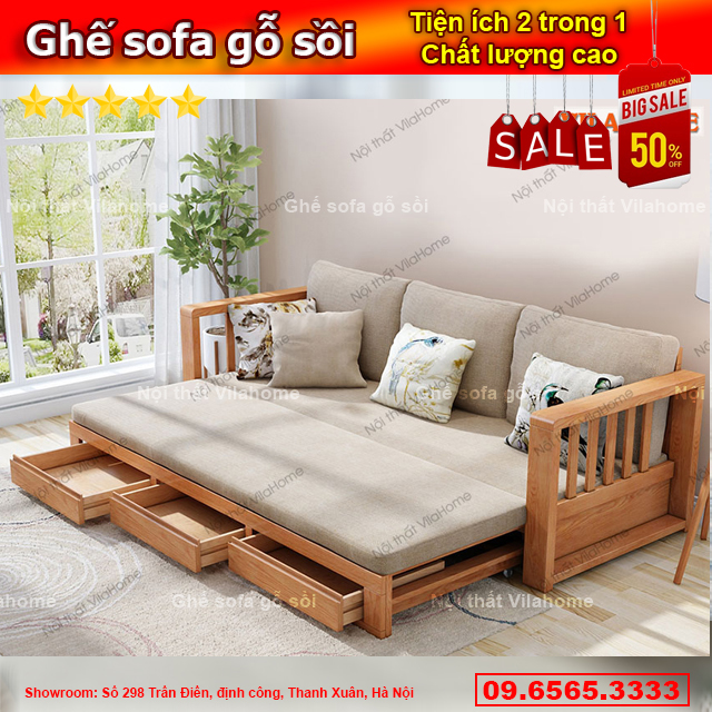 sofa giường gỗ sồi có ngăn kéo tiện lợi