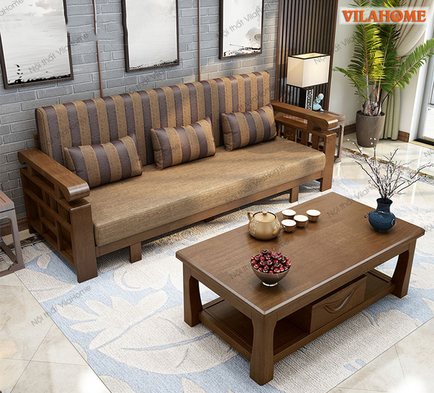 Ghế sofa giường ngủ gỗ sồi kết hợp với bàn trà gỗ cho phòng khách hiện đại