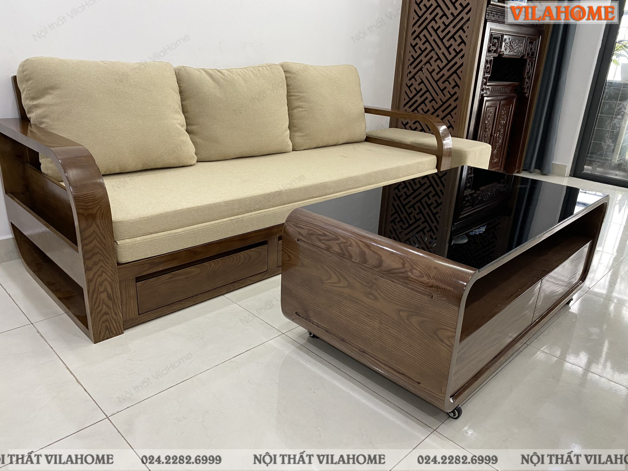 bàn sofa gỗ mặt kính