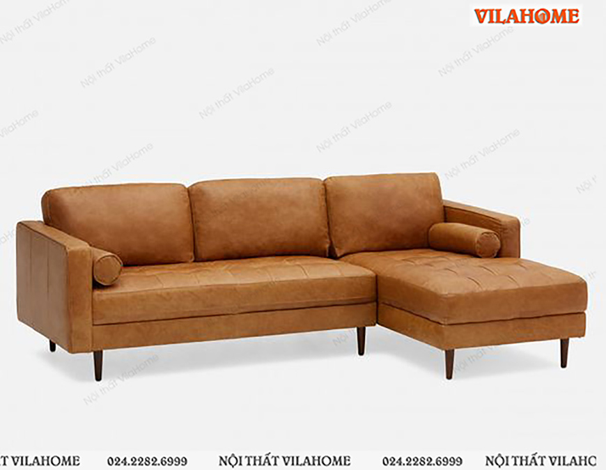 Sofa góc L 2m65 x 1m6 màu vàng nâu chân gỗ.