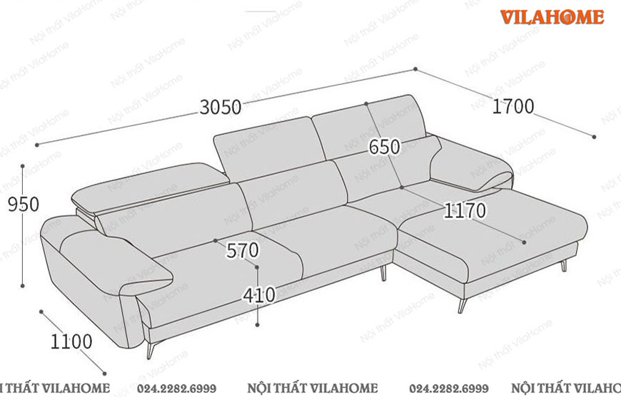 Kích thước sofa phòng khách trắng kem hiện đại 3mx1m7