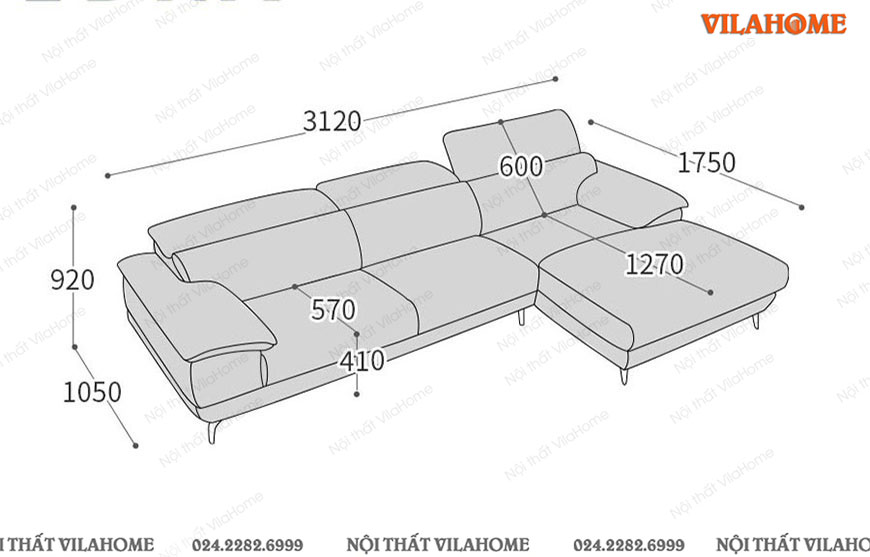 kích thước sofa phòng khách màu xám đậm 3m12 x 1m75 x 1m05