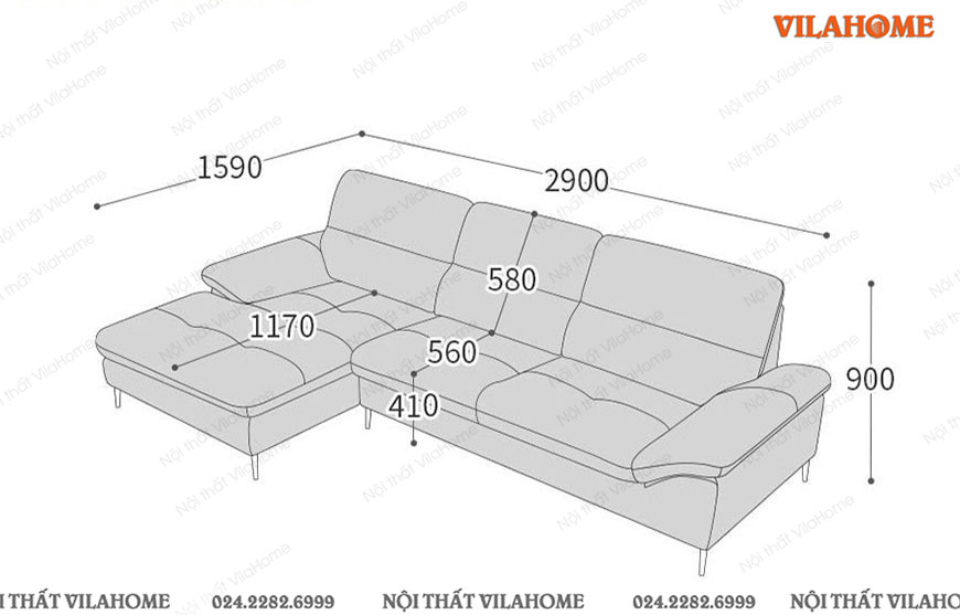 Kích thước sofa phòng khách màu da bò chân inox cao cấp  2,9m x 1,59m