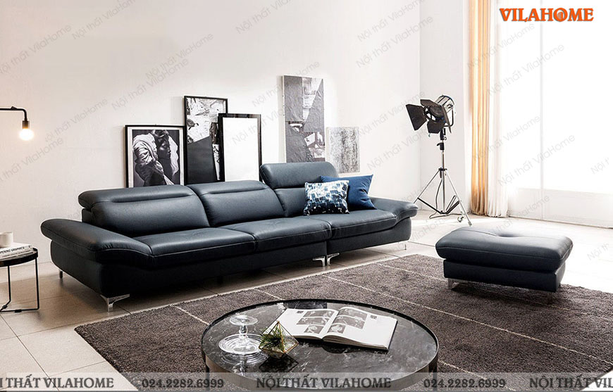 mẫu ghế sofa văng da màu đen thiết kế hiện đại dài 3m