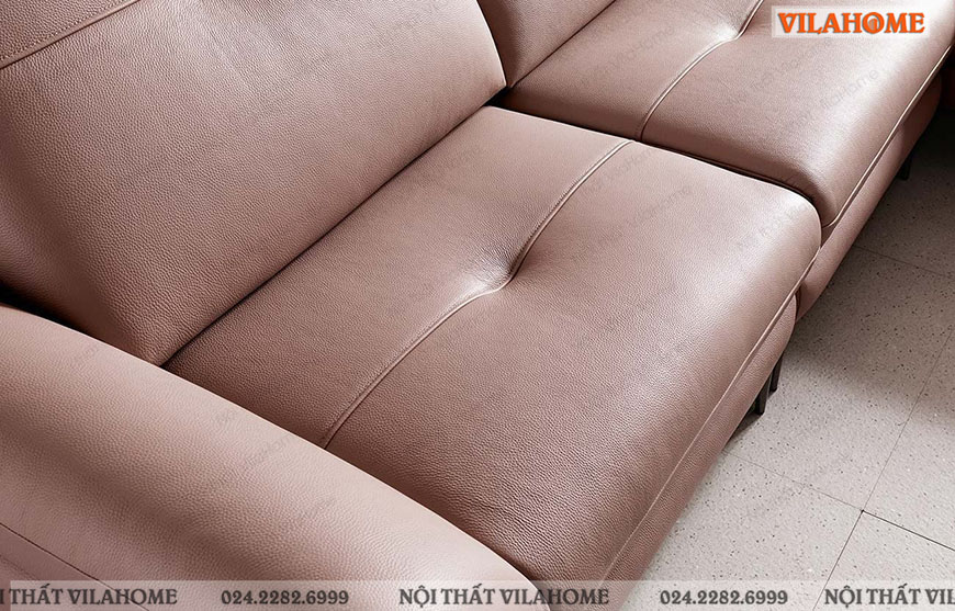 ghế sofa văng màu hồng pastel bọc da rút múi