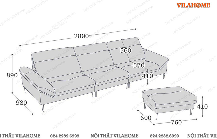 bản vẽ kích thước sofa văng da 2m8 x 0,98m