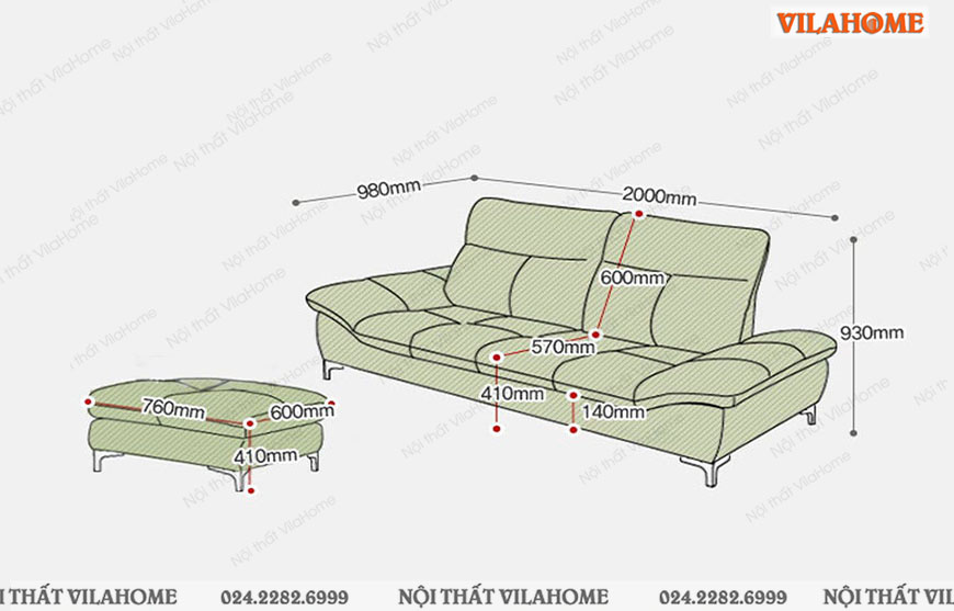 bản vẽ kích thước ghế sofa văng kem sẫm 2m x 0.98m