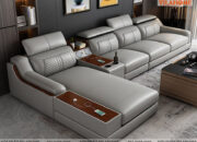 sofa góc da màu ghi
