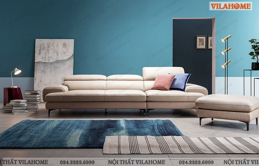 sofa văng da màu trắng ngà hiện đại 3m