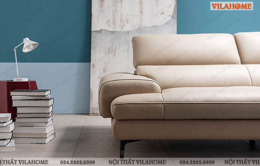 sofa văng màu trắng ngà tay vịn bo tròn chân inox thấp