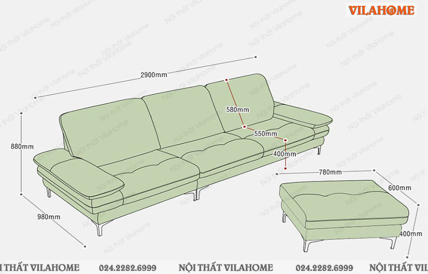 bản vẽ kích thước sofa văng da tựa lưng dày chiều dài 2m9 sâu 980mm