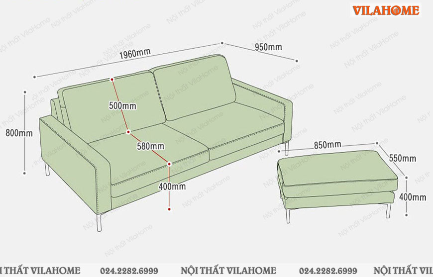 Bản vẽ kích thước sofa văng da hai chỗ ngồi 1m9 sâu 95 phân