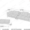 Bản vẽ kích thước sofa văng da màu trắng dài 2m7 sâu 95cm