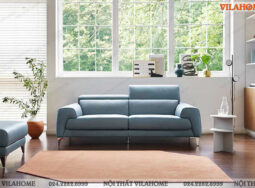 VD168 – Mẫu sofa văng da màu xanh da trời hai chỗ ngồi nhỏ gọn