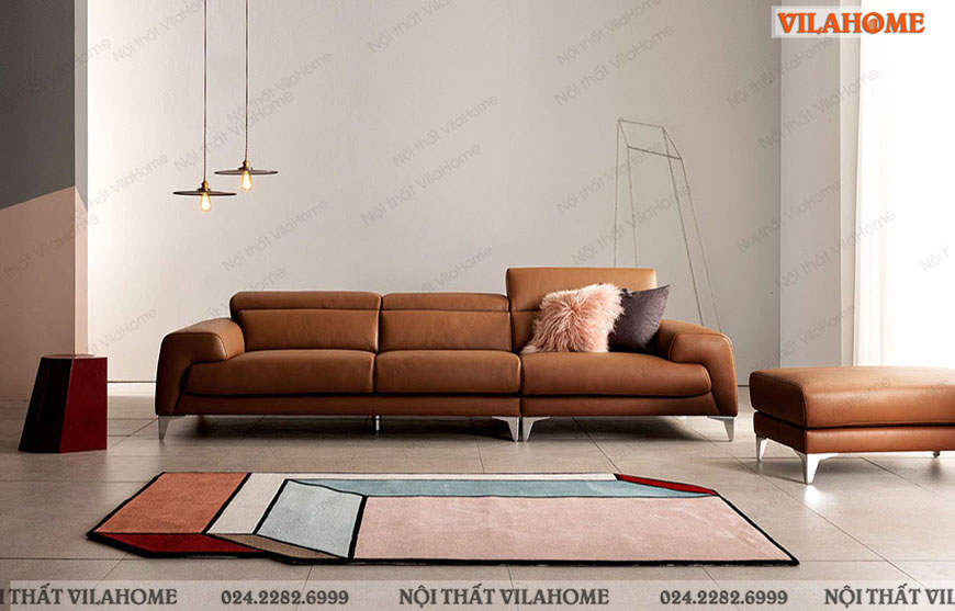 Mẫu sofa văng ba chỗ màu da bò thiết kế hiện đại