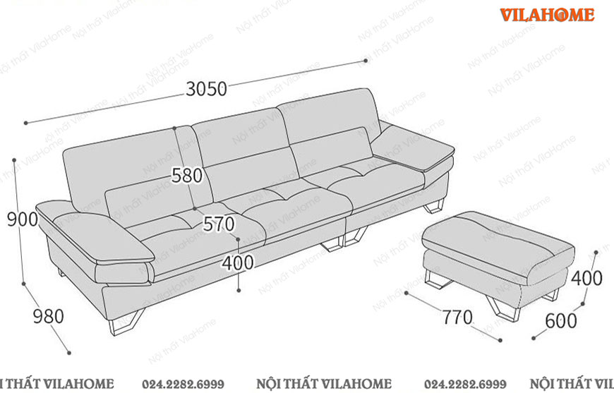 Kích thước dài 3m sâu 980mm cho mẫu sofa văng màu xanh ghi