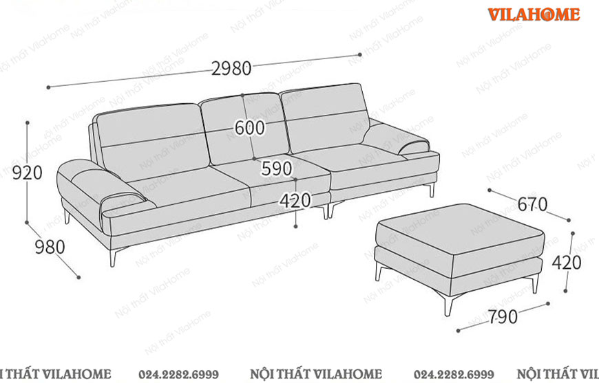 Bản vẽ kích thước sofa văng 2m98 x 980mm 