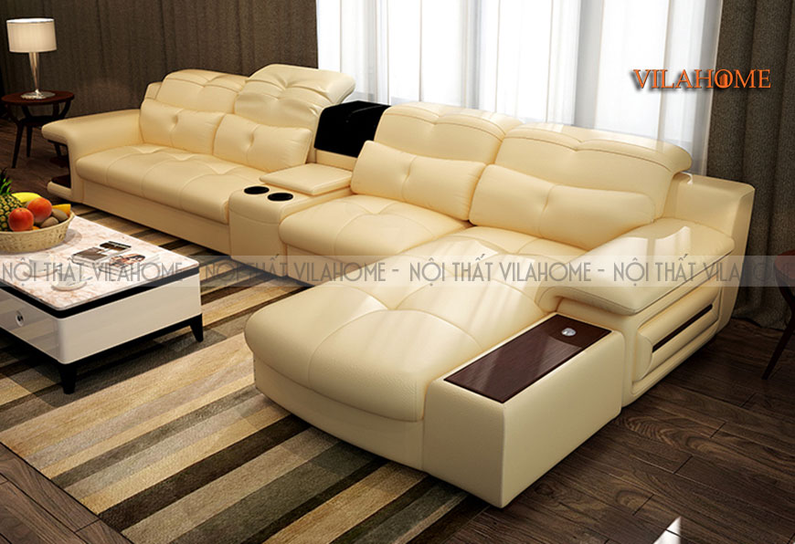 Sofa góc da màu kem cao cấp