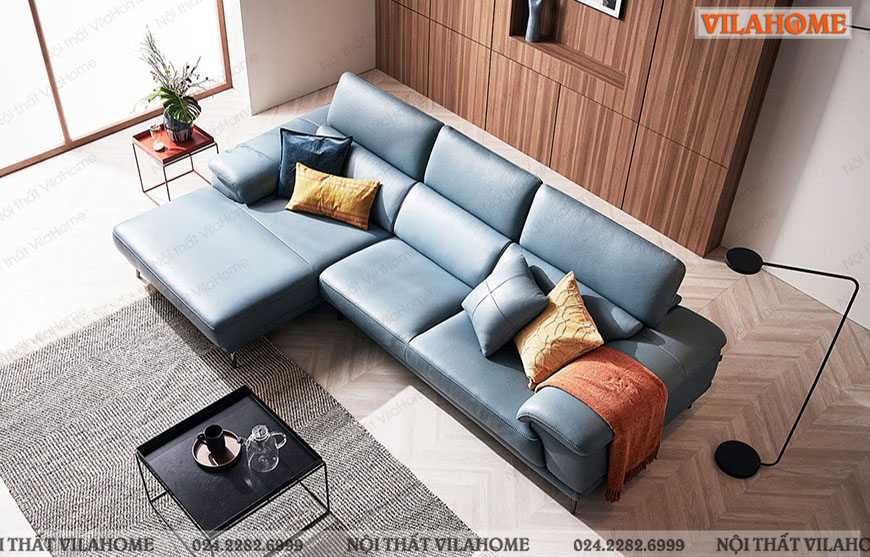 Ghế sofa góc da 2m9 màu xanh nước biển trẻ trung, hiện đại