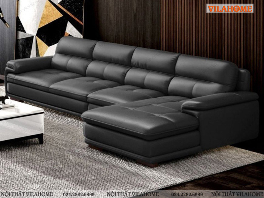 Mẫu sofa phòng khách góc da màu đen chân thấp