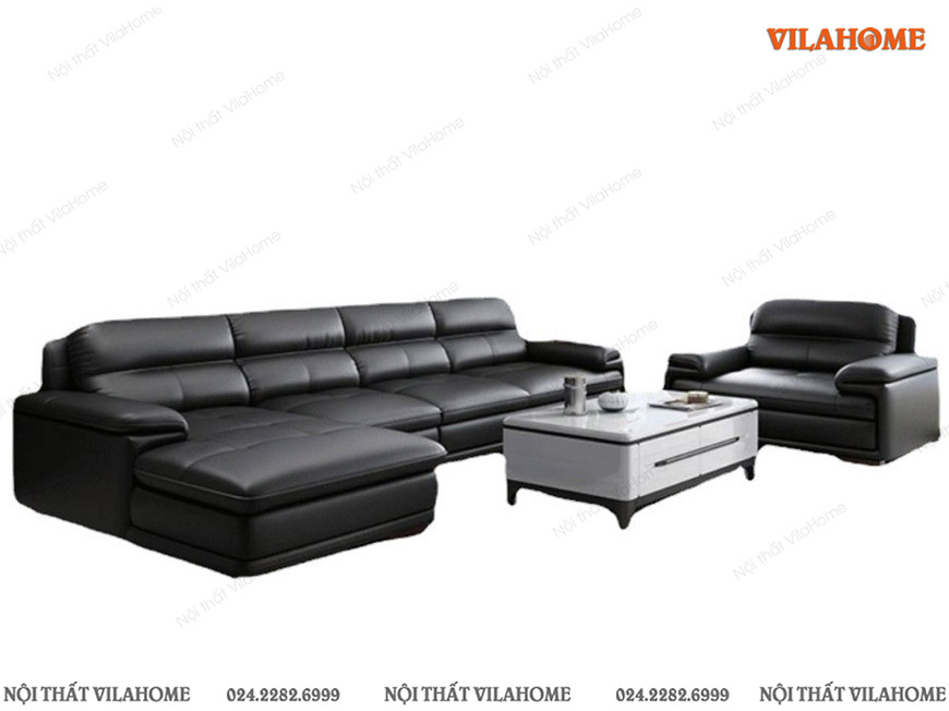 Sofa phòng khách góc da màu đen dáng vuông đệm dày