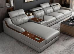 GDF147- Sofa phòng khách hiện đại có kệ để đồ màu ghi