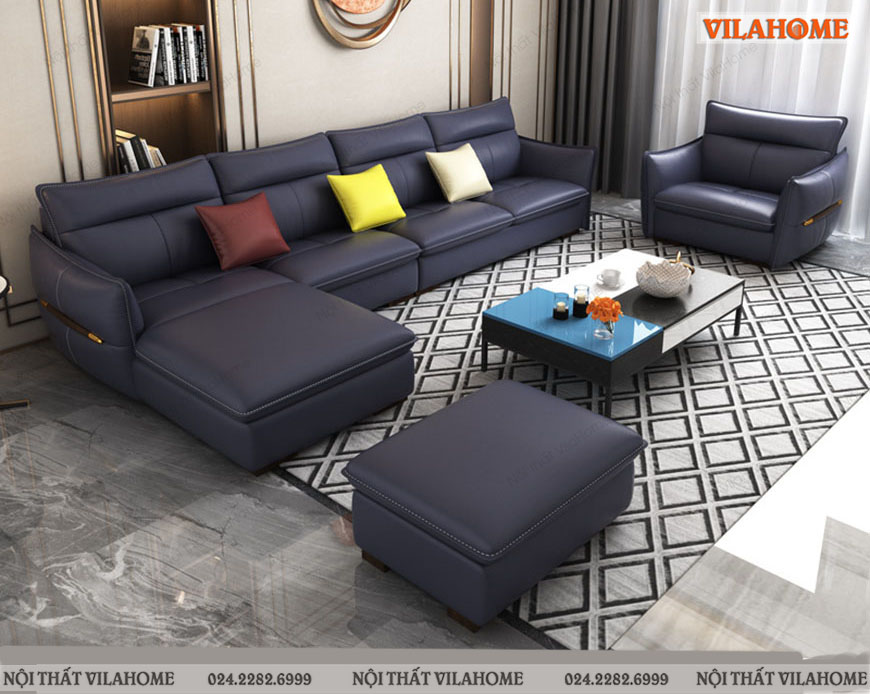 Mẫu bộ sofa phòng khách màu tím sẫm kết hợp ghế đôn và văng đơn